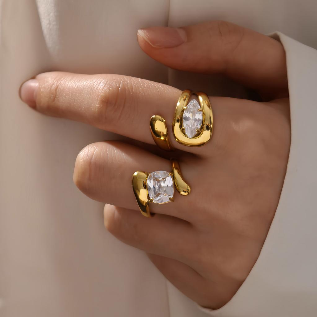 Big oval stone statement rings stainless steel rings for women minimalist dainty stainless steel Zircon waterproof open rings