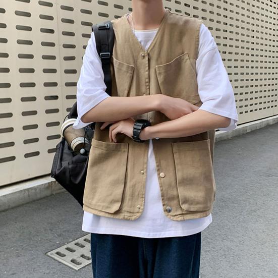 Męska kamizelka cargo bez rękawów jednorzędowa kieszenie projekt sportowy jednolity kolor wielokolorowa kamizelka outdoorowa odzież uliczna