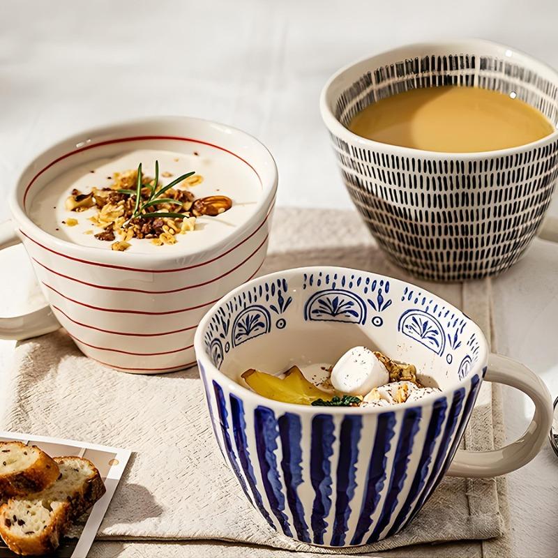 Severský keramický hrnek se zlatým uchem, Ručně malovaný pruhovaný hrnek na kávu a čaj, Porcelánové nádobí na mléko nebo ovesnou kaši