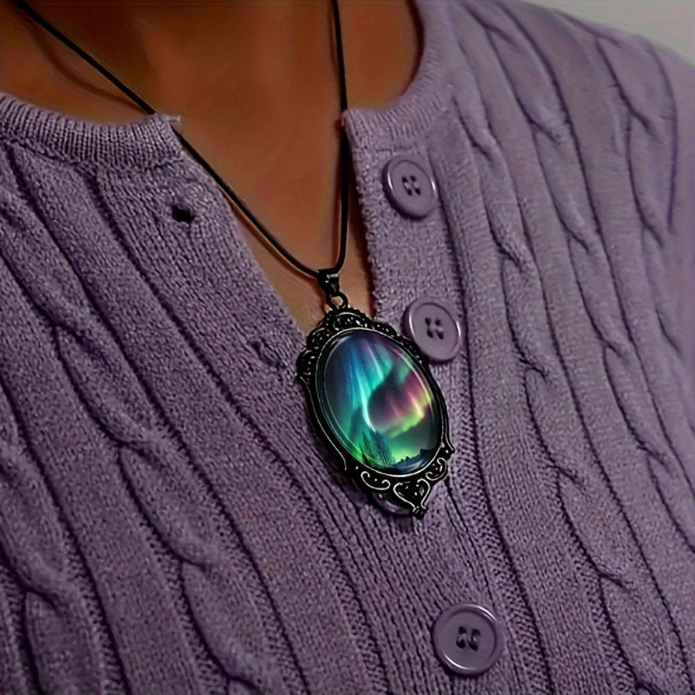 1-piece fashionable and elegant aurora landscape pattern black frame glass necklace romantic gift jewelry