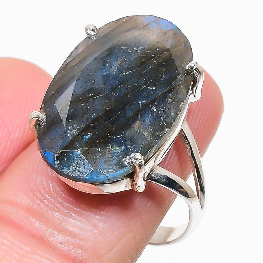 

Natural Labradorite Gemstone 925 Solid Sterling Silver Jewelry Ring Size 10 c6P57