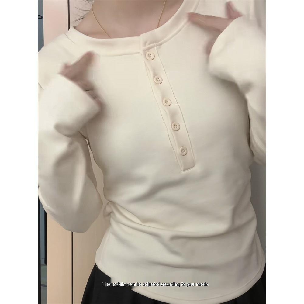 American Hot Girl Buttoned Fleece Long Sleeve Round Neck Slim Fit Women's Winter Top