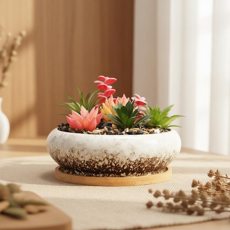 Round Shallow Ceramic Succulents Planter Bowl for Flower Succulents Cactuses Small Desktop Plant Container