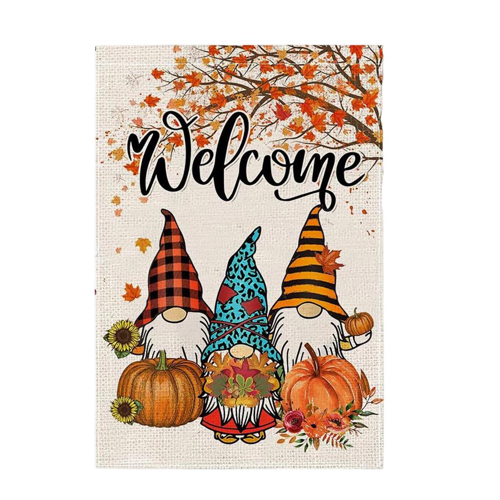 Thanksgiving Outdoor Garden Double Sided Linen Flag 45x30cm Fall Harvest Seasonal Yard Decoration with Autumn Leaves and Pumpkin Design