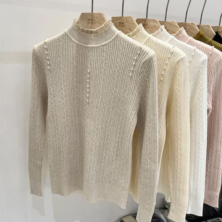 Women's Lace High-Neck Knit Sweater Autumn/Winter Beaded Solid Color Knit Pullover Sweater Stretch Knit Base Shirt