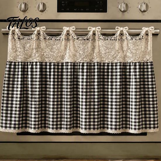 Dustproof Oven Handle Protector Farmhouse Stove Skirt, Plaid Crochet Lace Curtain, Rustic Kitchen Cabinet Decoration Skirt Curtain with Ties