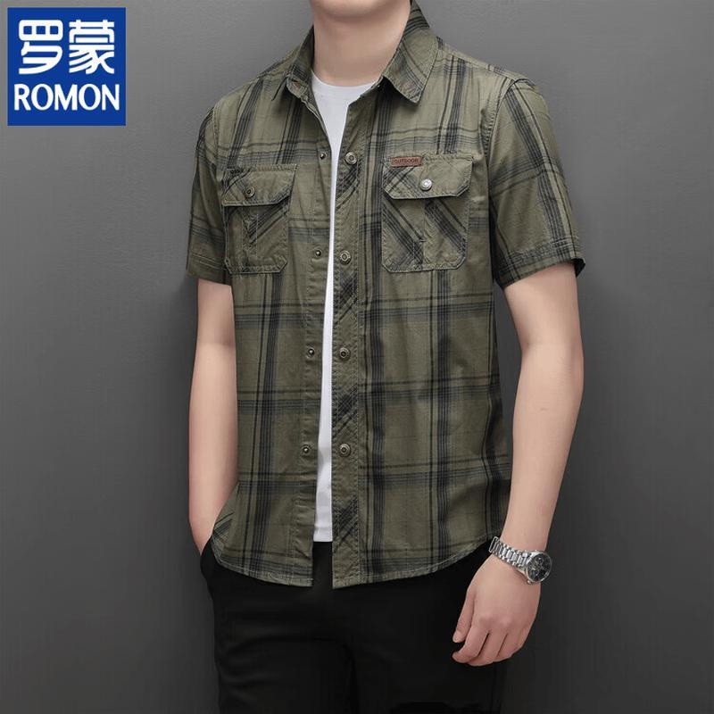 ROMON Men s Pure Cotton Plaid Short Sleeve Shirt XL