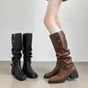 Women's Cowhide Retro Thick-Soled Over-the-Knee Western Boots with Two-Way Belt Buckle and Stacked Heels