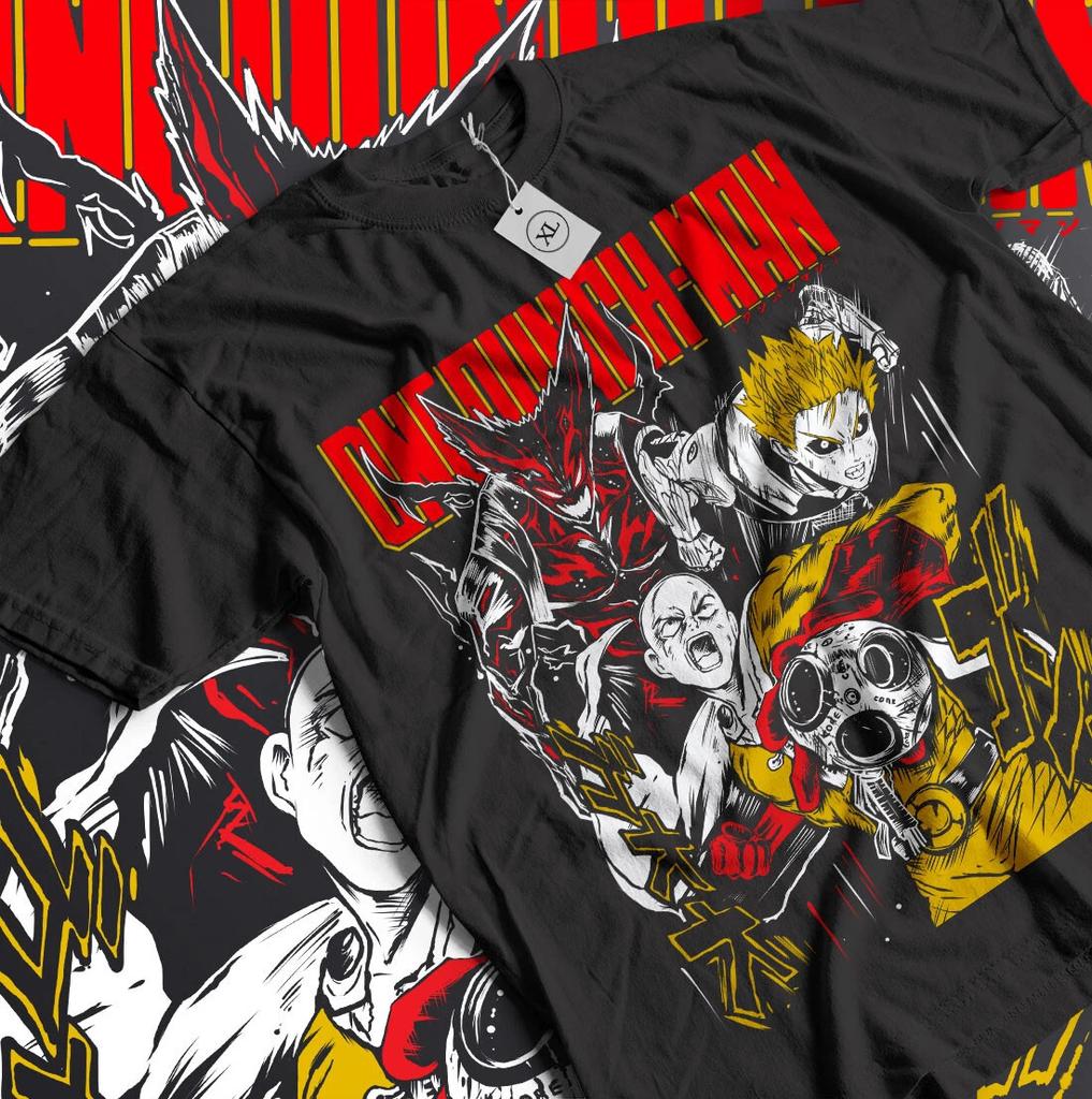 One Punch Unisex Tshirt Saitama VS Garou Anime Anime Vintage TShirt Black