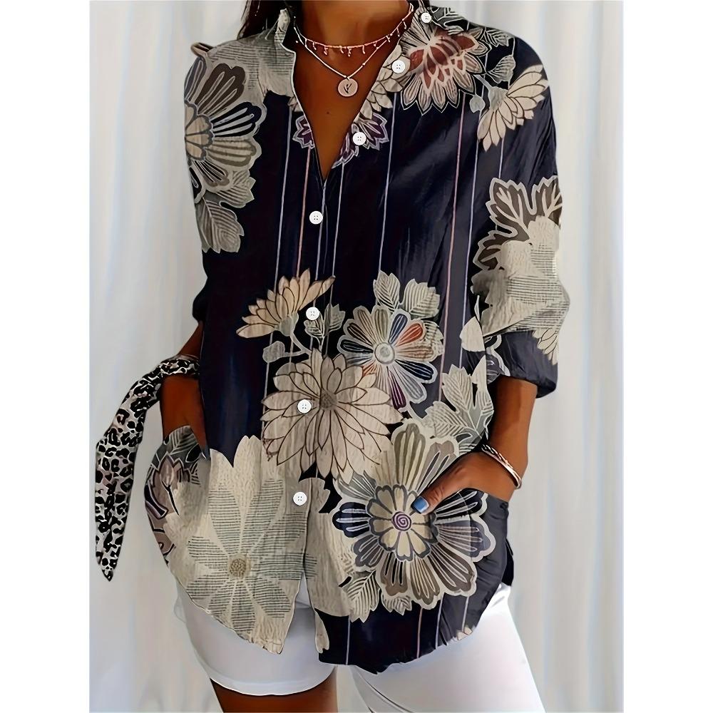 Women's Vintage Floral Print Long Sleeve Shirt - Casual Button Up Top, Classic Neckline, Machine Washable