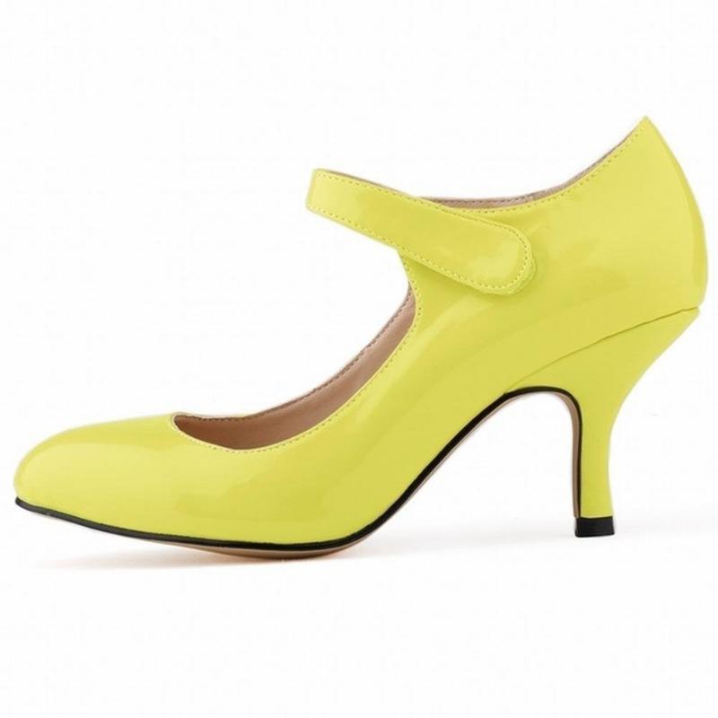 Zapatos de tacón alto informales de charol con tiras en el tobillo para mujer, 7 cm, tacón medio, cómodos, redondos, de boca baja, para trabajo, boda, color rojo