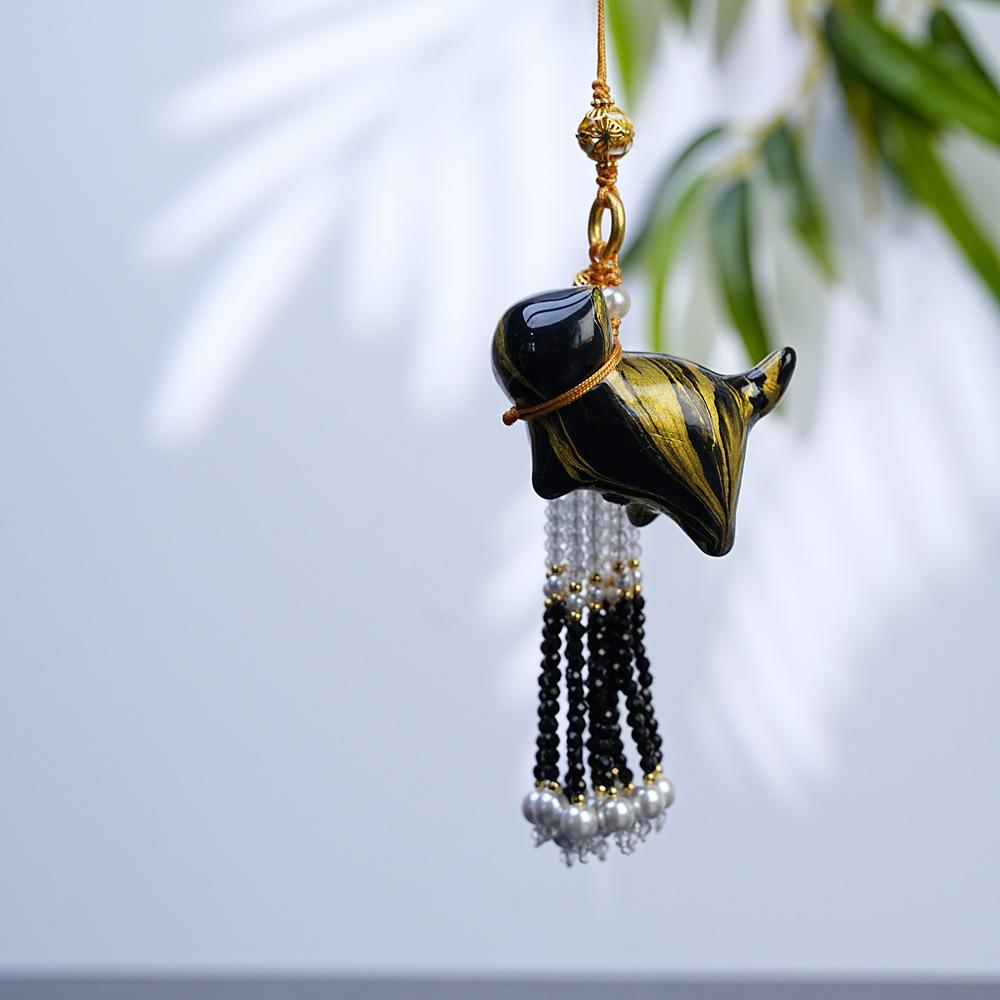 Ethnic Style Chinese Lacquer Cat Keychain with Tassel – Creative Hanging Ornament & Bag Charm чёрный