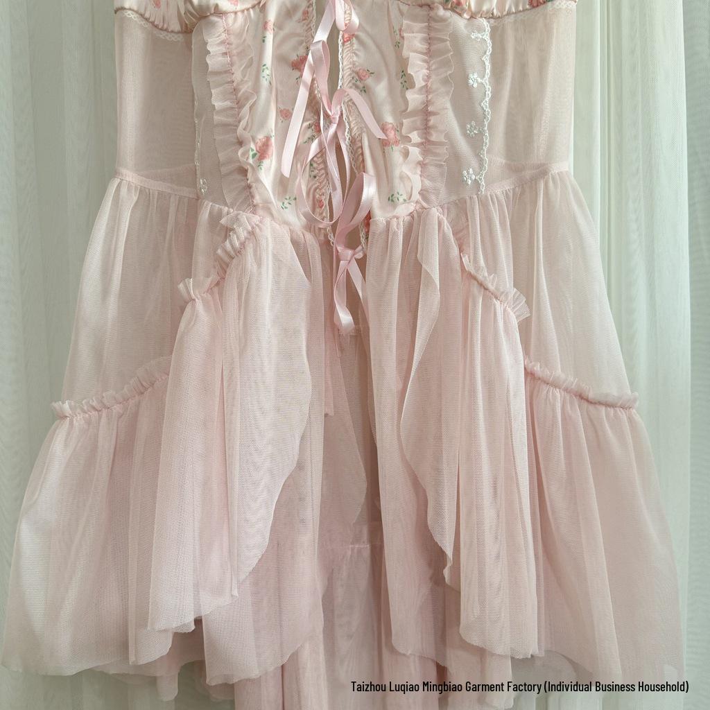 50970 Floral Mesh Nightgown with Bowknot and Removable Pads