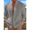 Retro Style Plus Size Solid Color Men's Cotton and Linen Long Sleeve Button Down Shirt with Stand Collar Spring Fall Outdoor