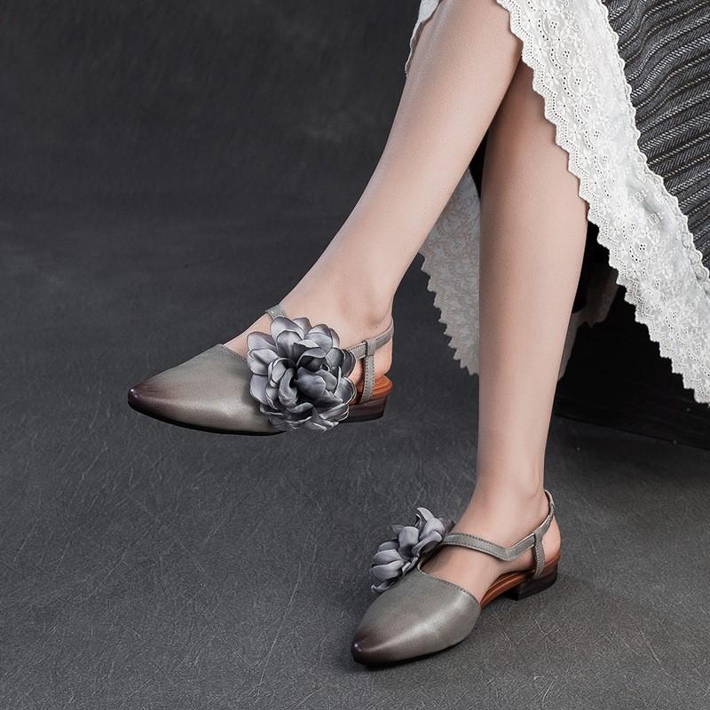Fashion GKTINOO Genuine Leather French Flower Pointed Toe Sandals 2025 Summer New Retro Versatile Women's Low Heel Shoes