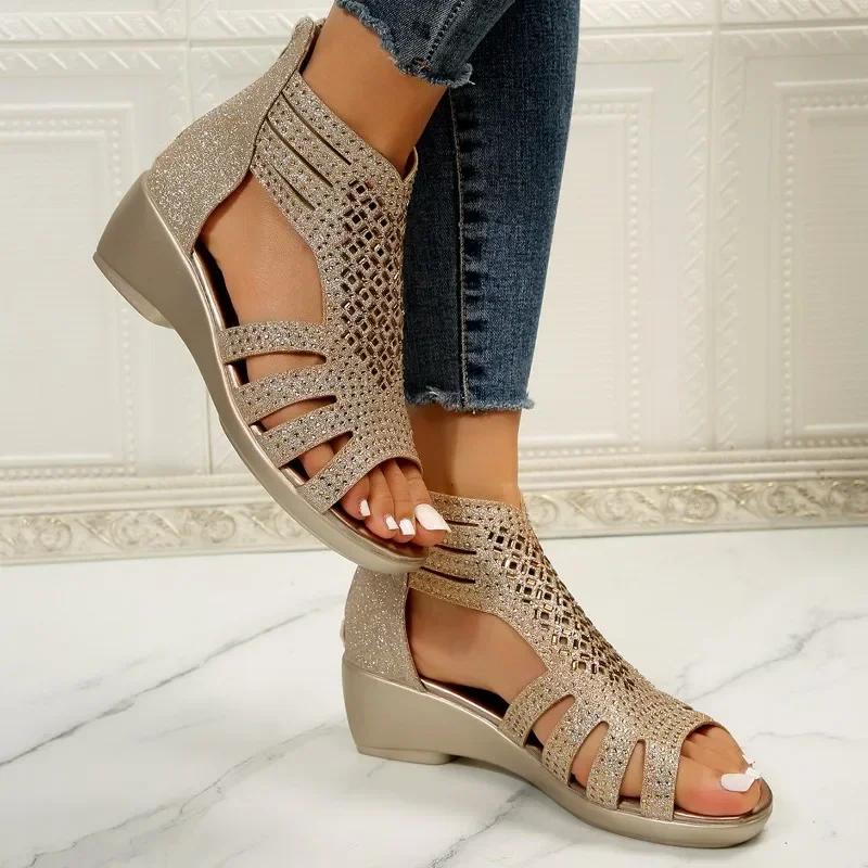 Fashion Rhinestone Wedge Sandals Women Summer New Elegant Ladies Rome Shoes Hollow Sandals Female Black Casual Sandalias