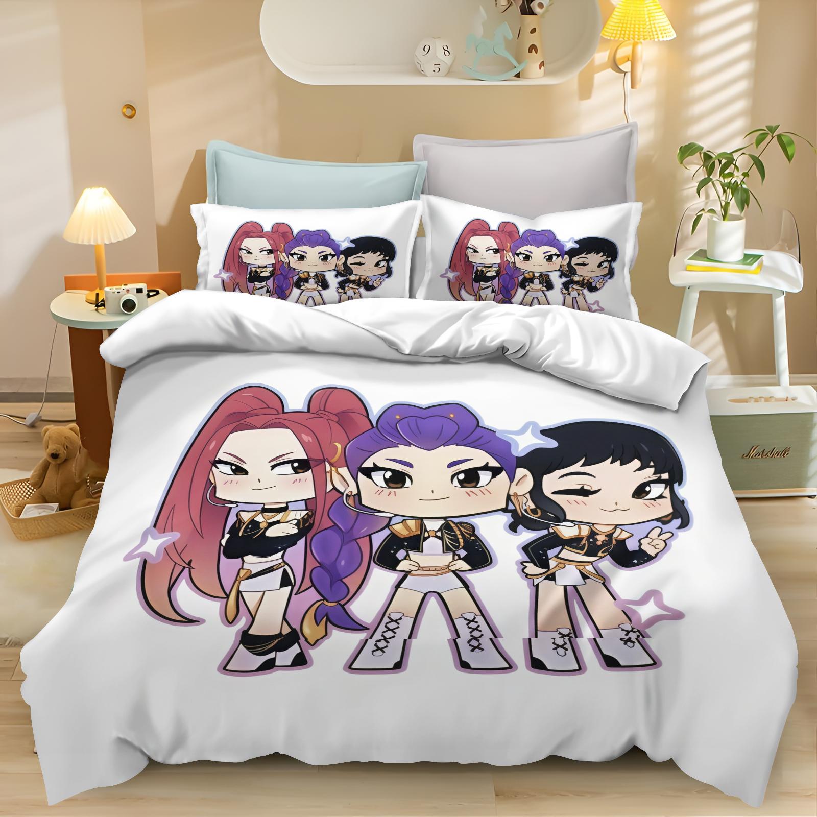 

K-Pop Постельный набор Тематика «Охотники на демонов» Красочный принт Полиэстер Простыня Пододеяльник Детский подарок Домашний текстиль 90x200cm