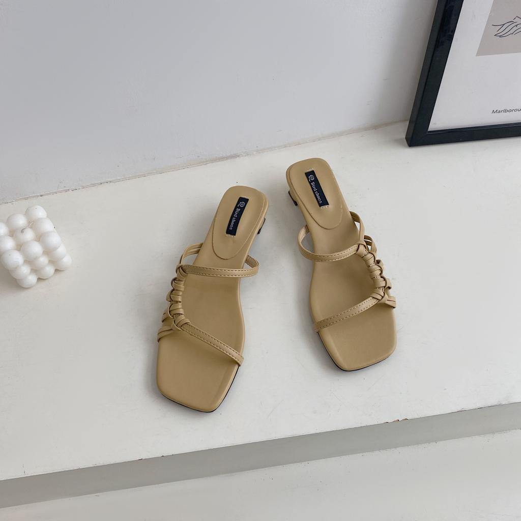 Fashion Women Black White Yellow Square Heels Slides Women Rope Lattice Peep Toe Women Outside Sippers Shoes Mujer Elegant Shoes 35-39