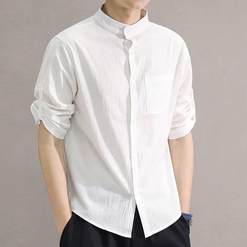 Men's Summer Korean Style Cotton-Linen Slim Fit Linen Shirt with Five-Point Sleeves.