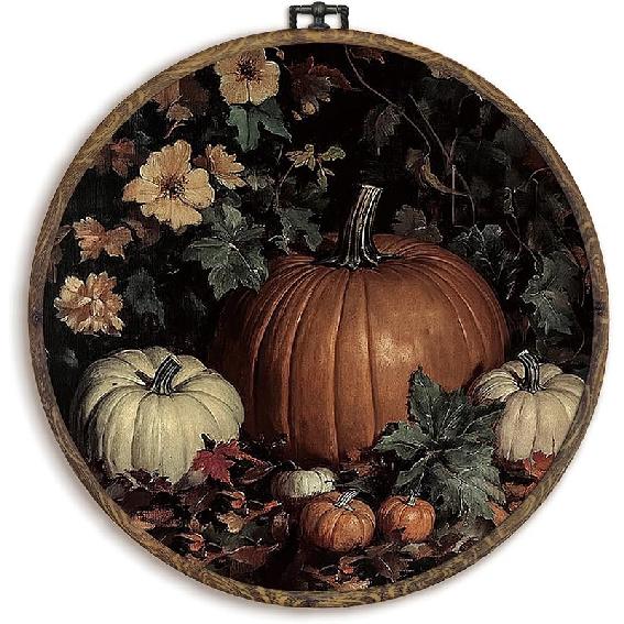 KFXHANGD Halloween Fall Raven Round Wall Art Framed, Gothic Crow Pumpkin Canvas Wall Art Decor, Halloween Fall Hanging Decor for Kitchen Bedroom