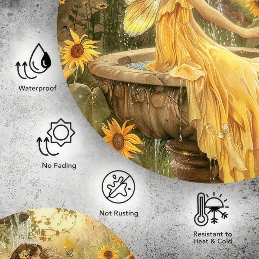 Vintage Sunflower Fairy Round Aluminum Sign 8x8 Inch Metal Wall Art Tin Finish Home Restaurant Cafe Decor
