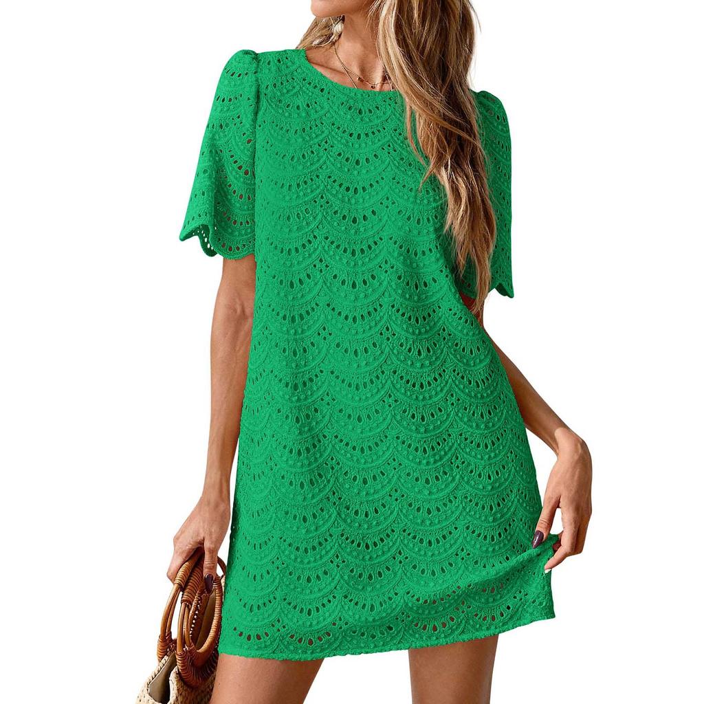 Summer Casual Short Dresses Embroidered Lace Short Sleeve Boho Dress Beach Vacation Clothes