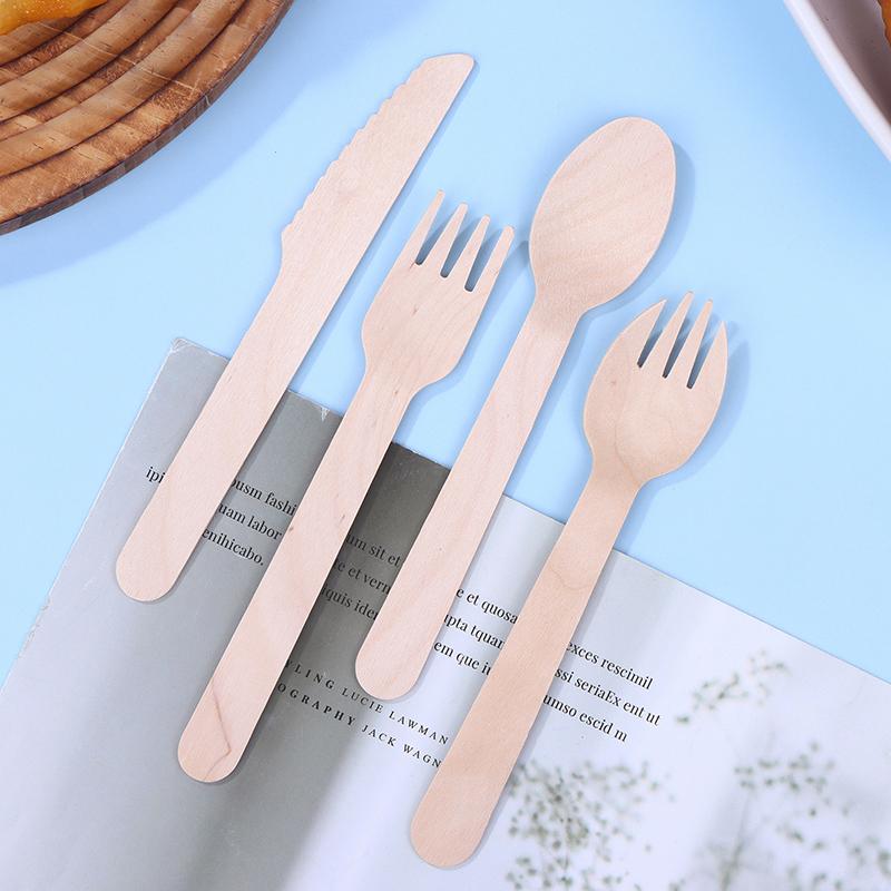 100 Pcs Disposable Wooden Cutlery Forks/Spoons/Cutters Knife Party Supplies Kitchen Utensil Dessert Tableware Packing Set