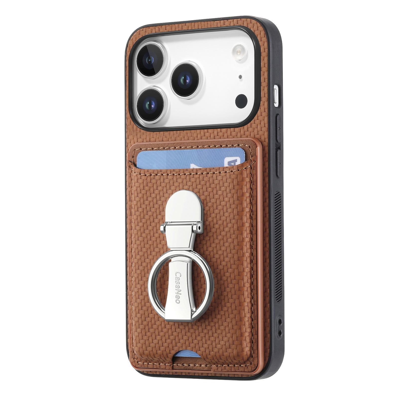 

For iPhone 17 Pro Leather Phone Back Cover with Kickstand and Card Slots Carbon Fiber Texture