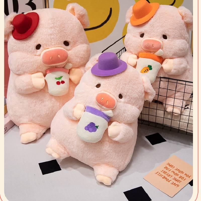 Fruit Tea Milk Hat Bow Pig Plush Toy Animal Stuffed Doll Decoration Kids Gift