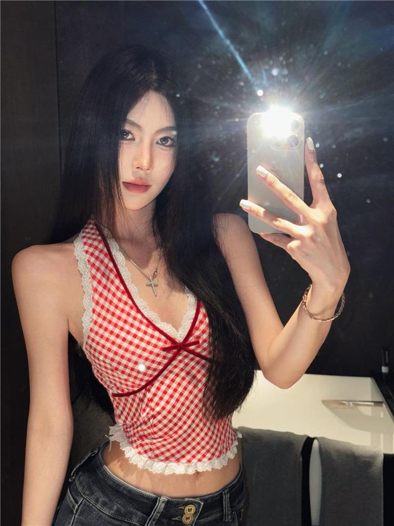 Pure & Sexy Red Plaid Lace Halter Top - Women's Summer Tank