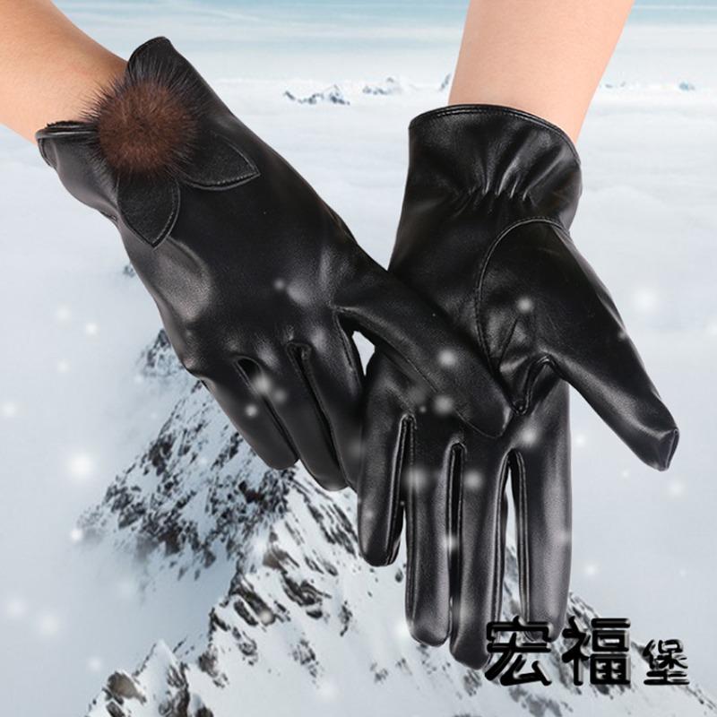 Warm Leather Gloves Mink Ball Ladies Thickened Outdoor Fleece Ladies Touch Screen Leather Touch Screen Winter Gloves