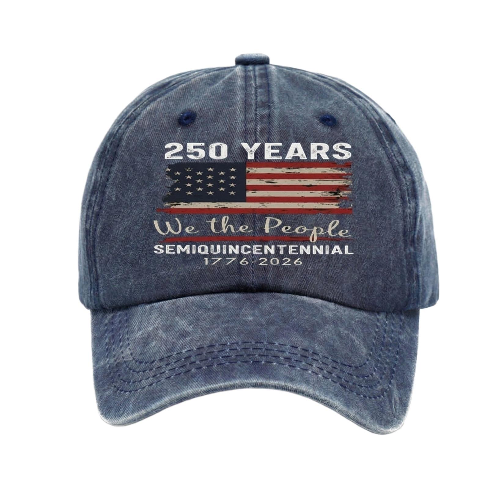 

Vintage Style Baseball Cap with Distressed American Flag Print 250 Years We the People SemiQuincentennial 1776 2026 Design One Size Темно-синій