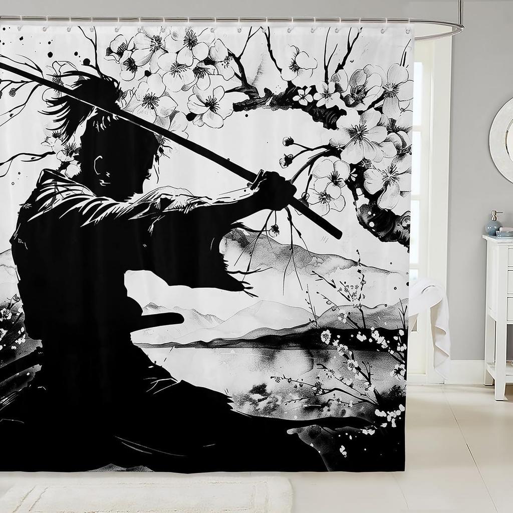 Erosebridal Red-Crowned Crane Fabric Shower Curtain, Japanese Ukiyo-E Bathroom Shower Curtain Sets Vintage Floral with Moon