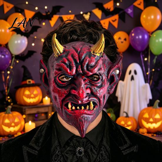 Realistic Devil Mask Halloween Red Cosplay Mask, Creepy Golden Horned Demon Latex Scary Masquerade Costume Party Full Face for Men Adults Horror