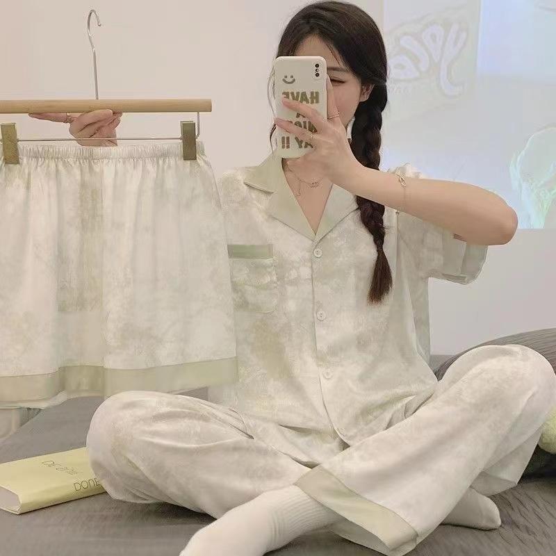 Letní dámský pyžamový set s krátkým rukávem a šortkami Luxusní značkové pyžamo Japonské jednoduché krátké zelené pyžamo Dámské noční prádlo