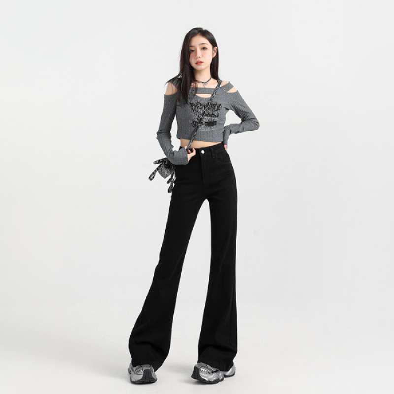 Women's Velvet High-Waisted Flared Jeans - Stretchy, Thick, and Floor-Length for Autumn/Winter