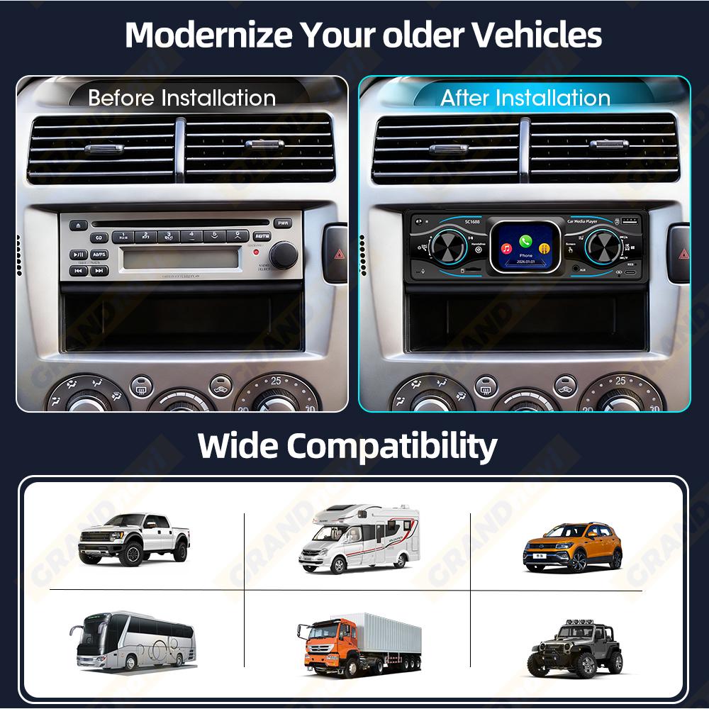 2026 Portable 1 Din Car Radio MP3 Player Touch Screen Auto Radio in-dash Bluetooth USB/SD/AUX-IN Colorful Lights DSP with Voice Assistant Time Display
