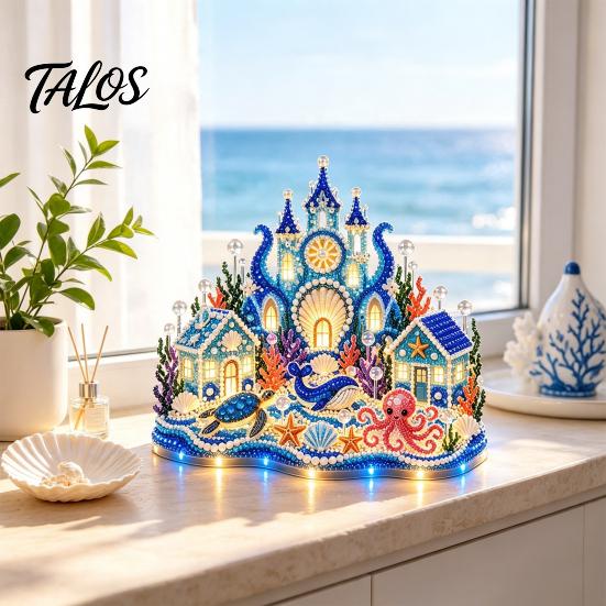 Handmade Desk Decor 3D Ocean Village Diamond Painting DIY Kit for Adults, Castle Art Craft Marine Life Projects Set, Rhinestone Mosaic Decoration Home