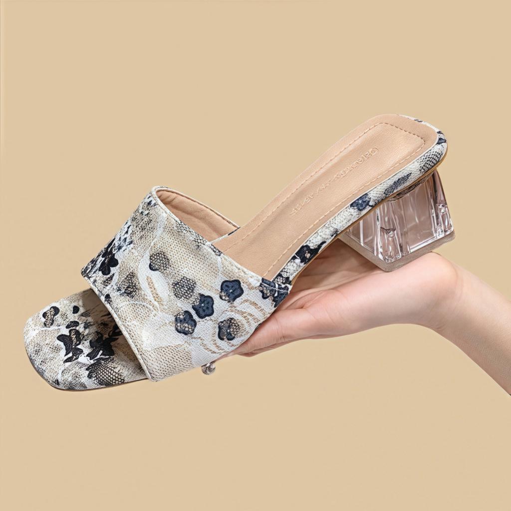 Fashion Retro National Style Trend High Heels Women Slippers Shoes Chunky Sandals Woman Summer Open Toe Flip FlopTransparent Fad Slides