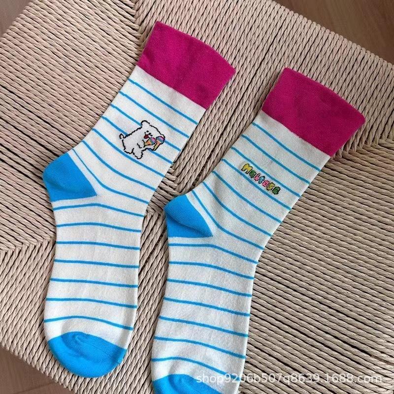 

[Три пары] Носки с пузырьковым кружевом Детские летние тонкие сетчатые носки с рисунком милого щенка в японском стиле, носки средней длины One size fits all