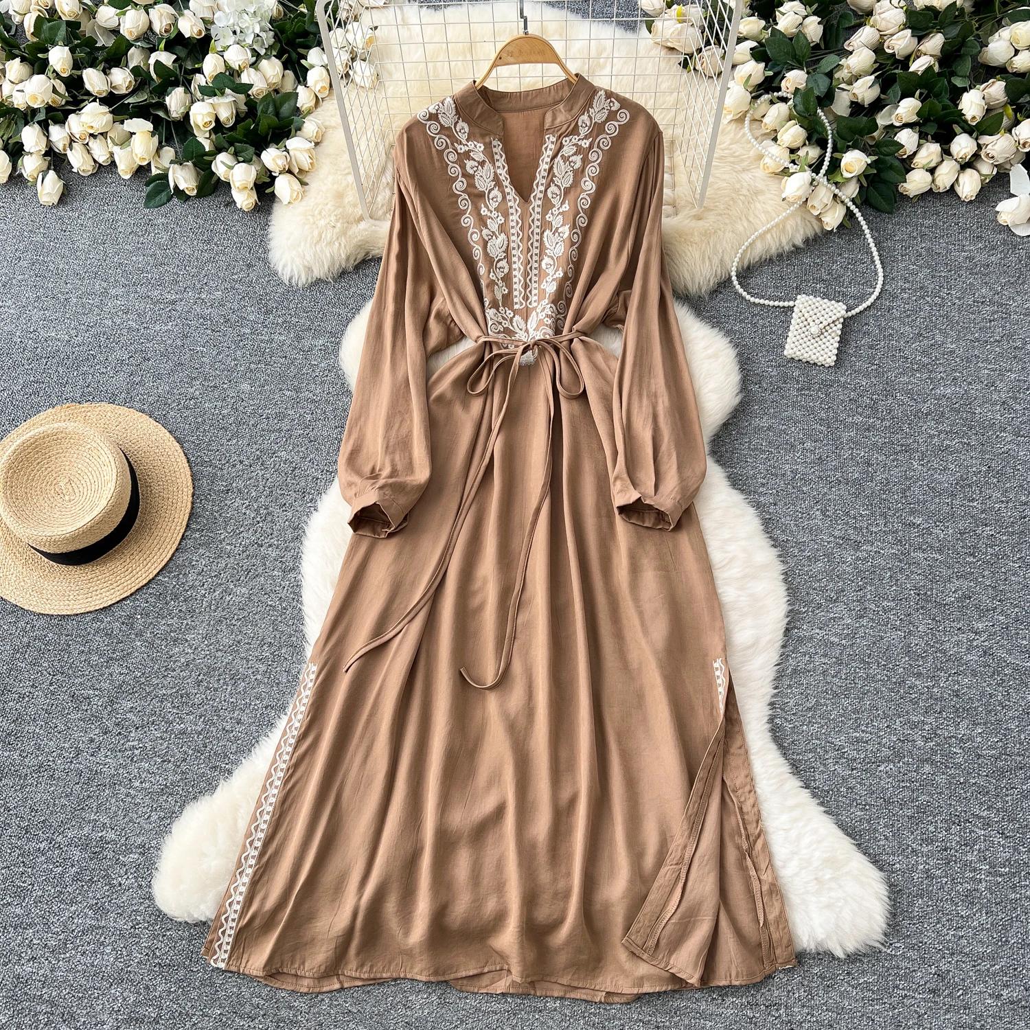 

Винтажное макси-платье для женщин с вышивкой, V-образным вырезом, длинным рукавом, женское платье со шнуровкой, с высокой талией, элегантные платья One Size