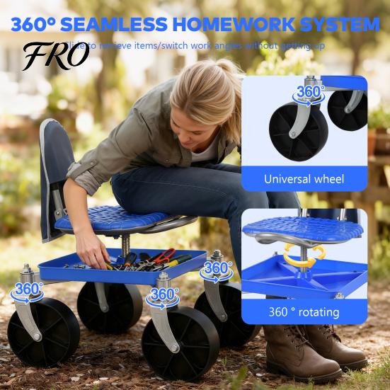 Gardening Work Seat Rolling Seat, Height Adjustable Garden with Wheels, Heavy Duty Cart Tool Storage Tray for Seniors Yard Patio Work, 330
