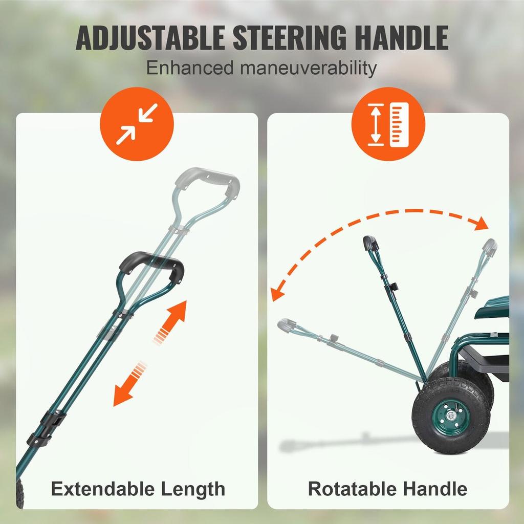 Garden Cart Rolling Workseat with Wheels, Gardening Stool for Planting, 360 Degree Swivel Seat, Wagon Scooter with Steering Handle & Utility Tool
