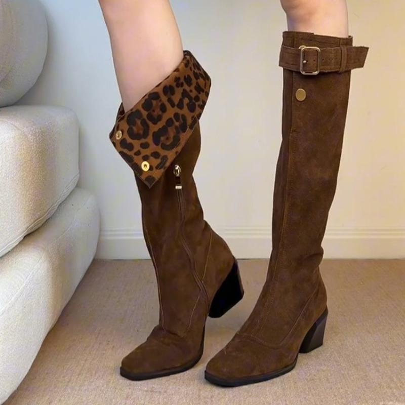 

Belt Buckle Suede Tall Boots Square Toe Suede Side Zipper Soft Sole Non-Slip Wear-Resistant Block Heels 35 коричневый