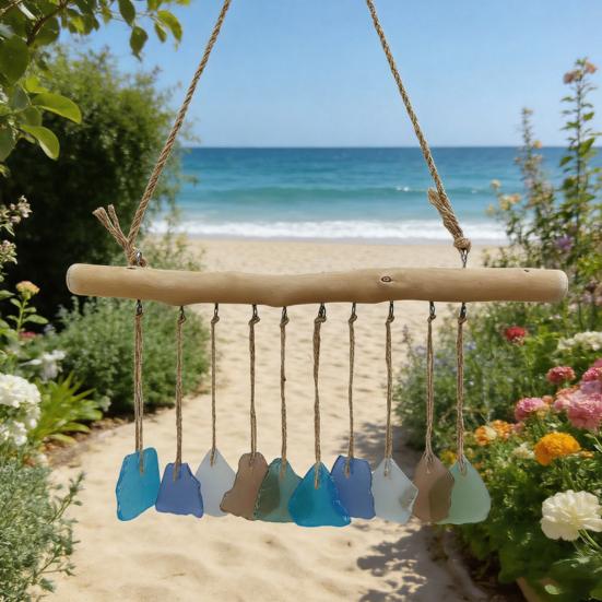 Handmade Sea Glass Wind Chimes for Outside Coastal Style Hanging Wind Chime with Wooden Hanger for Home Wall Garden Decor Gifts for Mom Women