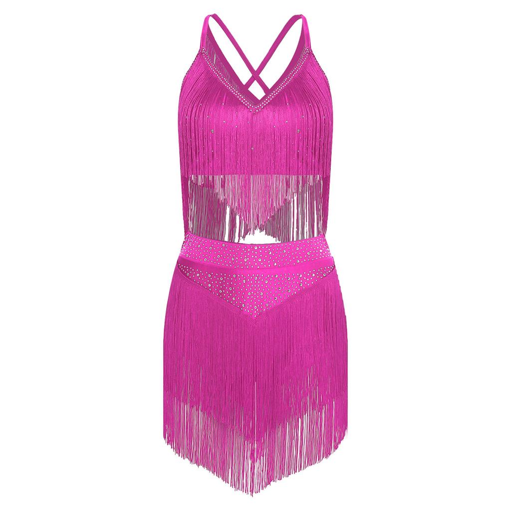 Womens Salsa Latin Dance Performance Costume V Neck Sleeveless Crisscross Back Fringe Crop Top Tiered Tassels Skirt