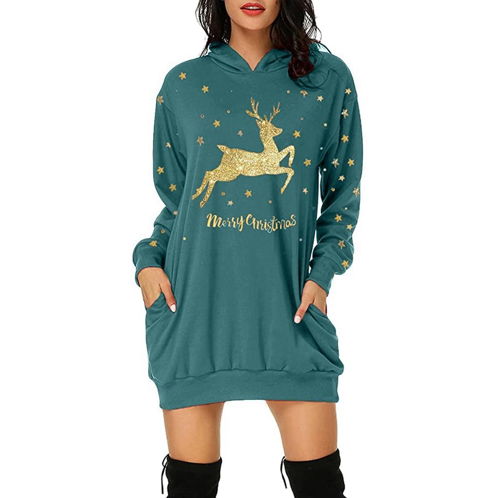 Sweat-shirt à capuche et manches longues pour femmes, imprimé de noël, poche mi-longue, avec poche