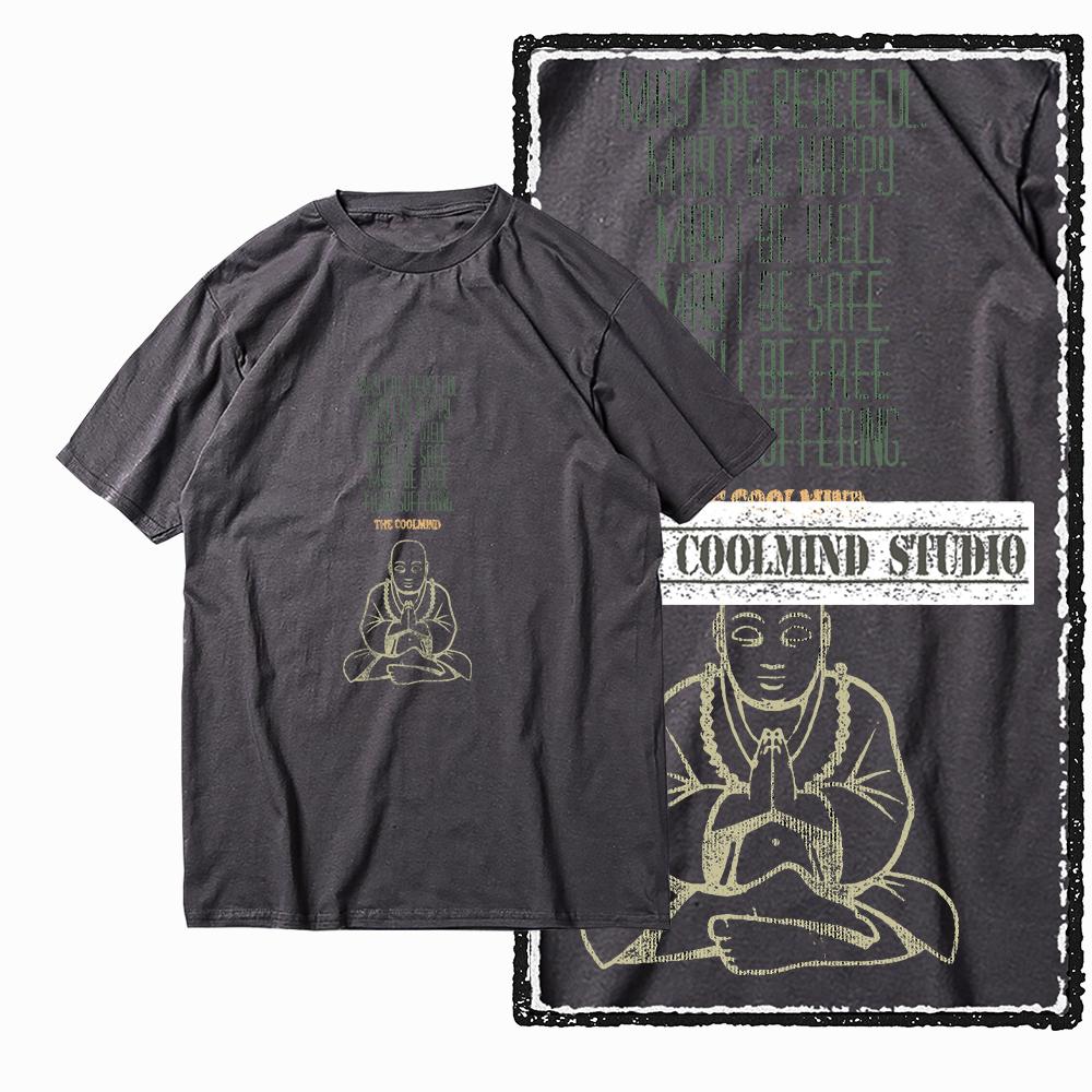 Coolmind X0050 Retro Vibe Thinker Buddha Tee Cotton Exclusive Graphic Men Tshirt Big Size Streetwear T Shirt for Men Tee Shirts