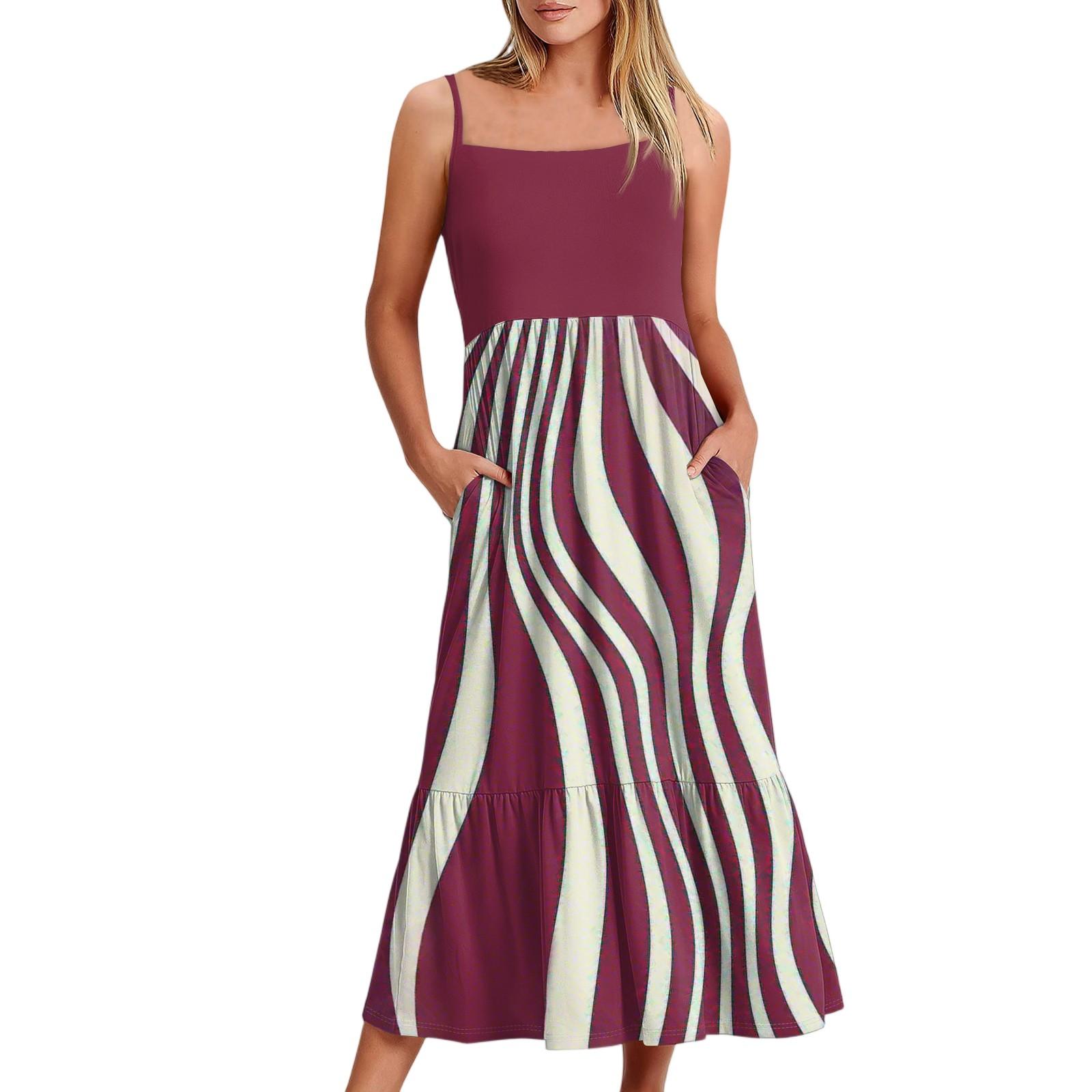 

Women s Long Beach Casual Elegant Spaghetti Strap Maxi Dress Striped Low-key Flowing Bohemian Dress XL винний