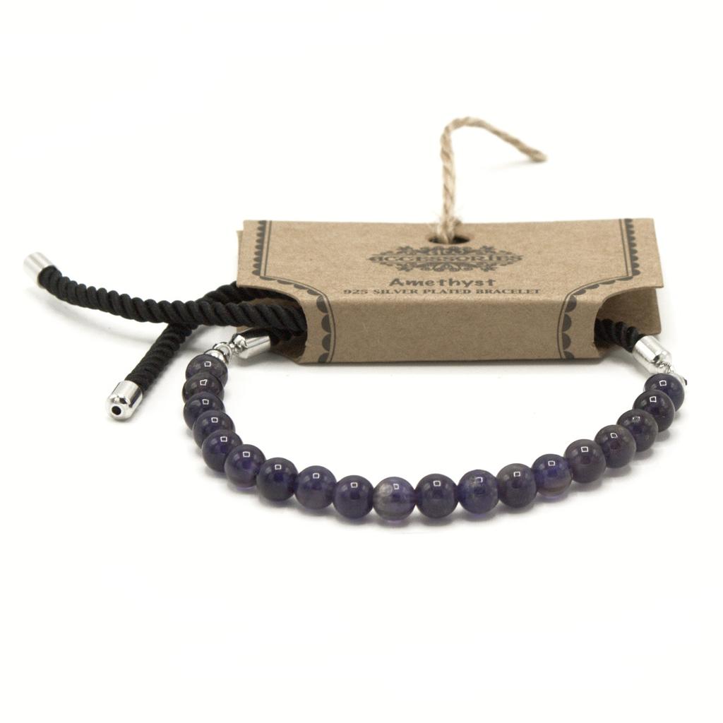 Amethyst Bracelet Black String 925 Silver Plated Adjustable